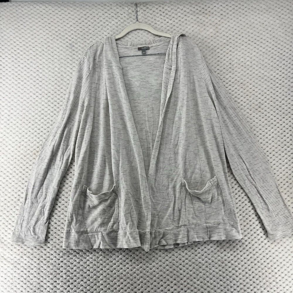 Talbots Striped Hooded Cardigan Open Front Pockets Casual Gray White M‎
